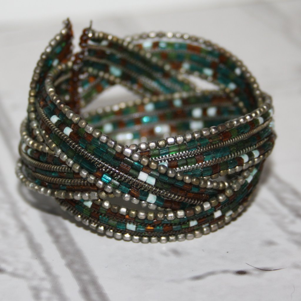 Beautiful Silver Green And Brown Glass Beaded Cuff Bracelet